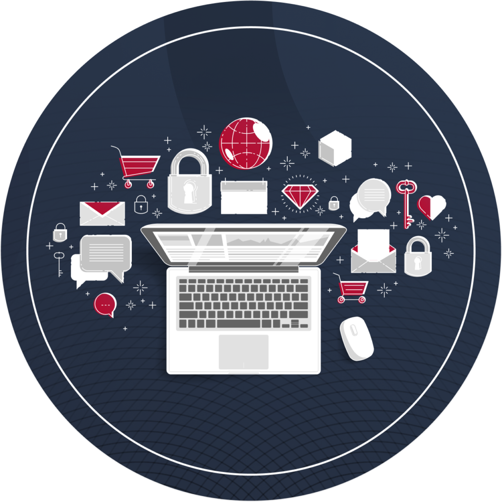 Laptop with chat bubbles, e-commerce icons, locks and keys